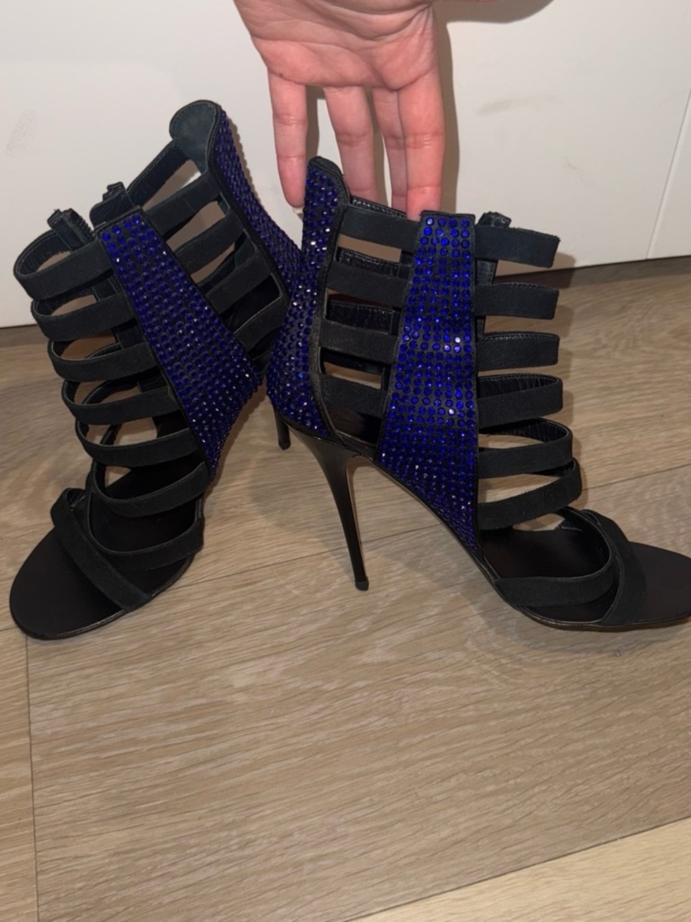 Giuseppe Zanotti Black Strappy Stiletto Sandals with Cobalt Crystal Panels